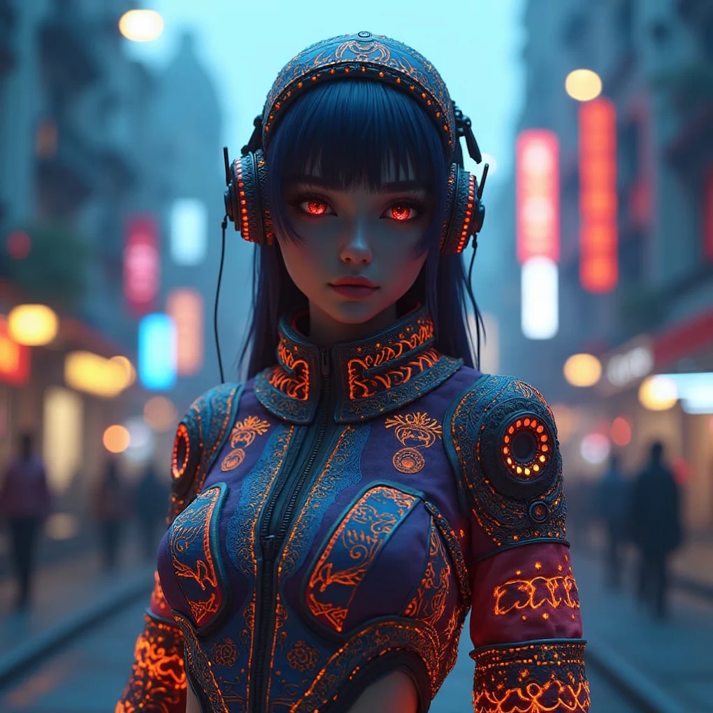 Modelo con prenda deportiva de bordados luminosos inspirados en textiles prehispánicos, en una calle de la ciudad al atardecer